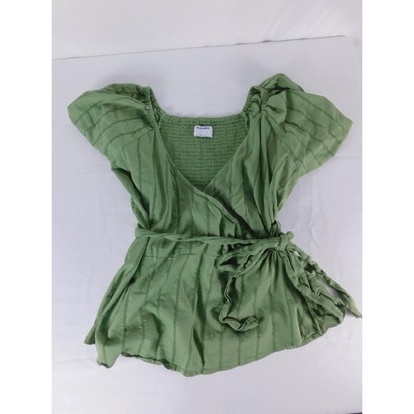 Old Navy Tops - Old Navy Blouse Womens XL Green Puff Sleeve Wrap Tie Waist Tunic Top Striped